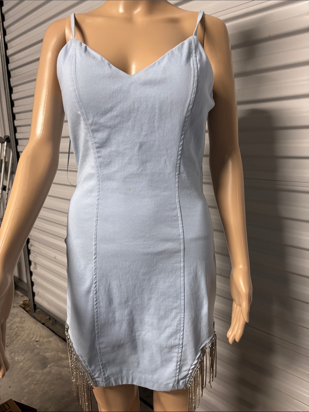 Light Blue Slip Dress with Chain Fringe